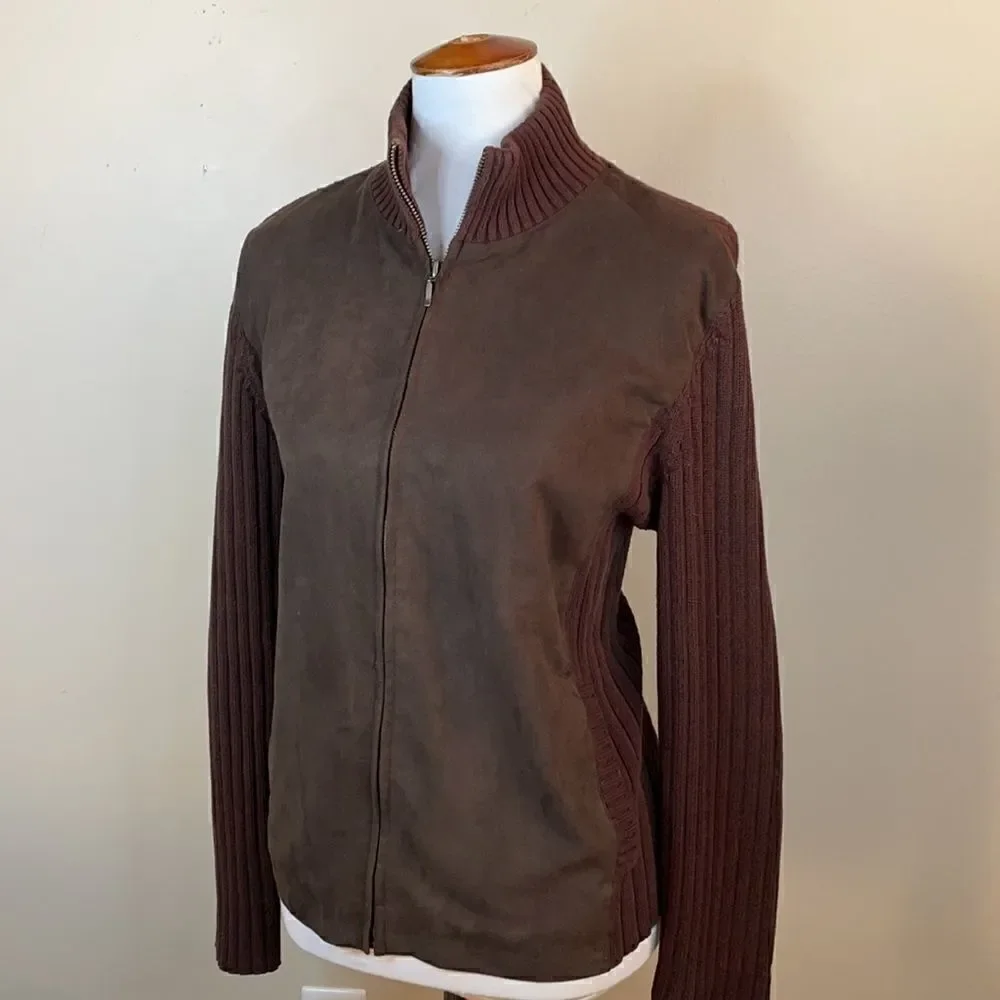 Jones New York Sport Brown Suede Mixed Media Full Zip Jacket (Size: Large)